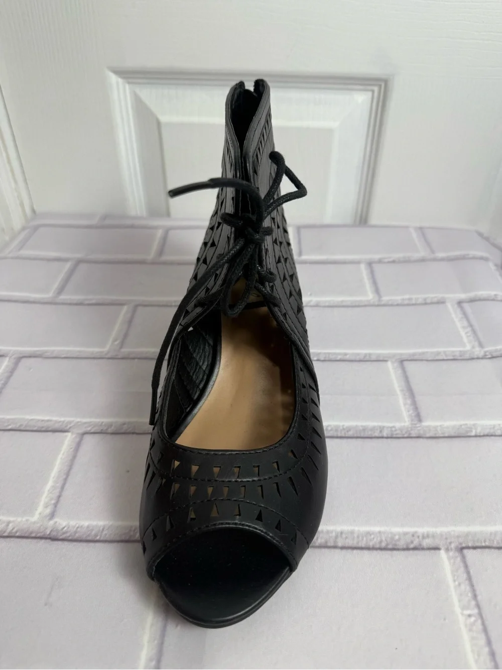 Bonnibel Black Cutout Lace-Up Wedge Sandals Peep Toe Size 9